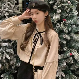 💜XL ไซส์ใหญ่ฝรั่งเศส เนคไทสีเบจ เสื้อคอกลมแบบมืออาชีพที่เรียบง่าย ความรู้สึกดีไซน์เฉพาะตัว เสื้อเชิ้ตแขนยาวสไตล์ต่างประ