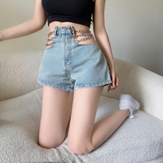 กางเกงขาสั้น S-XL Summer Chain Blue Straight Denim Shorts