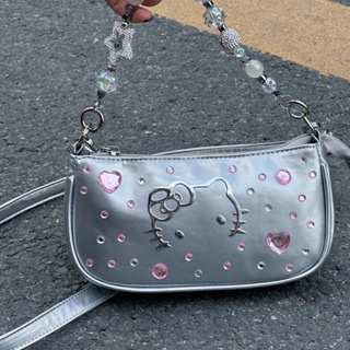 กระเป๋าถือ ลายการ์ตูน Hello Kitty ดาว สีเงิน เหมาะกับพกพา สําหรับเด็กผู้หญิง y2k