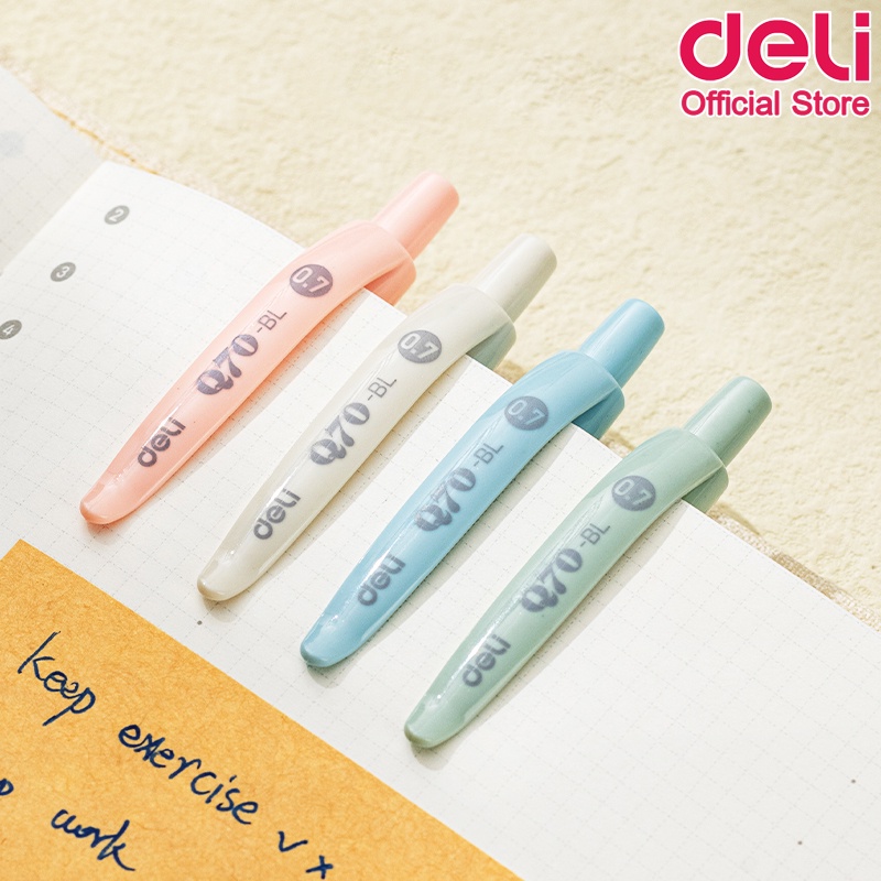 deli-q70-bl-ball-point-pen-0-7mm-ปากกาลูกลื่นแบบกด-หมึกน้ำเงิน-0-7mm-คละสี-1-แท่ง-ปากกากด-เครื่องเขียน-อุปกรณ์การเรียน