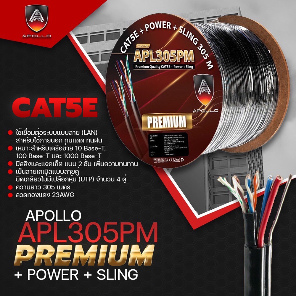 apollo-สายแลน-lan-ไฟ-สลิง-cable-utp-cat5e-outdoor-premium-power-line-sling-ใช้ภายนอก-305m-box-for-กล้องวงจรปิดcctv
