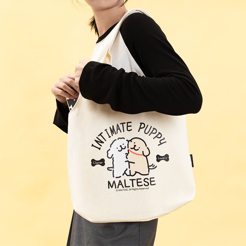 line-puppy-maltese-tote-bagการ์ตูนพิมพ์สองด้านนักเรียนหญิงกระเป๋าผ้าใบไหล่ความจุขนาดใหญ่