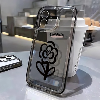 เคสโทรศัพท์มือถือแบบนิ่ม ใส กันรอยเลนส์กล้อง ลายดอกไม้น่ารัก สีดํา สําหรับ iphone 14promax 11 12 13 7Plus X XR XSMax