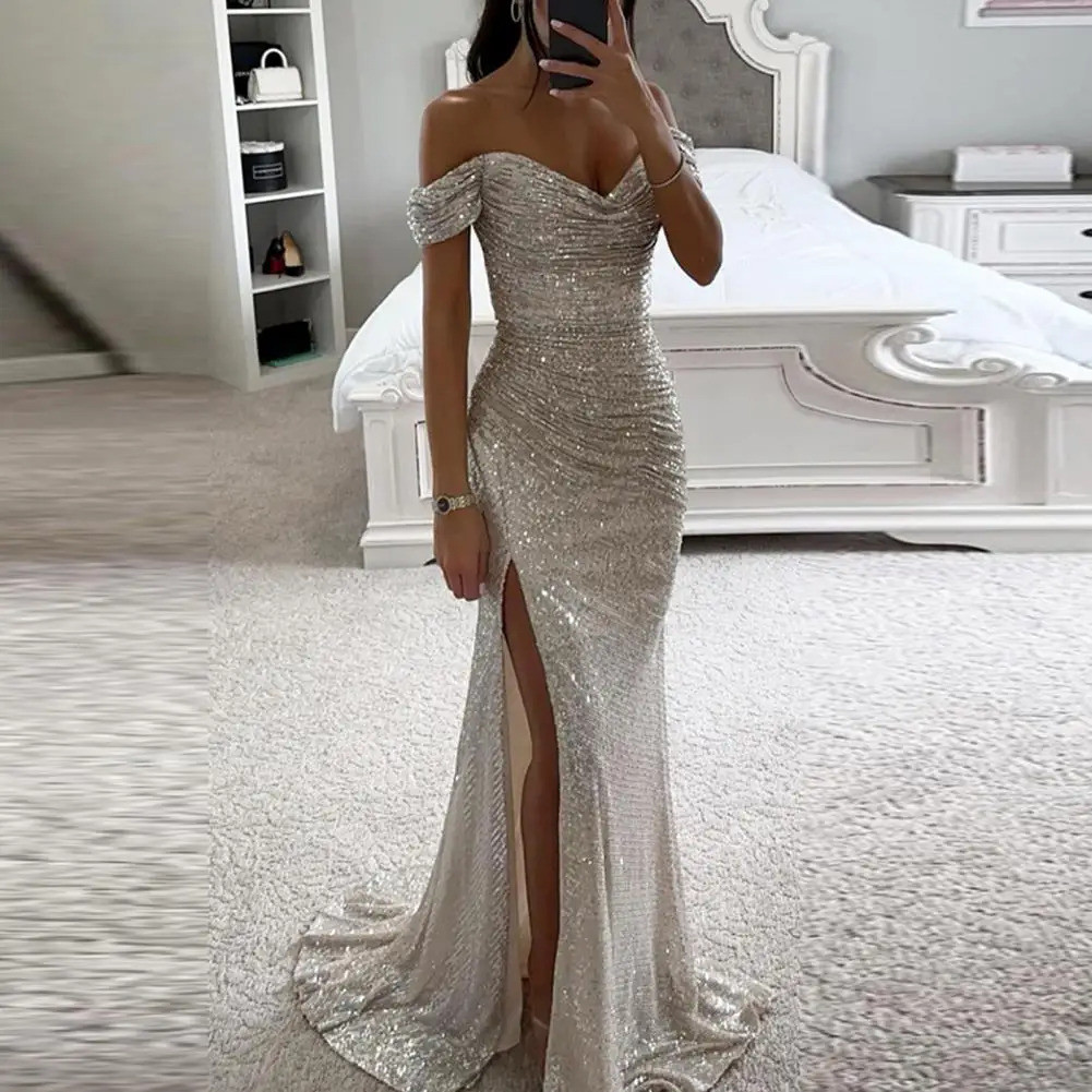 Off-shoulder Gown Dress Elegant Sequined V-neck Off Shoulder Maxi Dress for  Evening Party Prom Women's Vintage Slim for