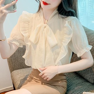 XL ฝรั่งเศสขนาดใหญ่แอปริคอท/ลูกไม้สีขาวโบว์แขนสั้นหวานเร้าใจอารมณ์หลวมพัฟเสื้อชีฟองแขน