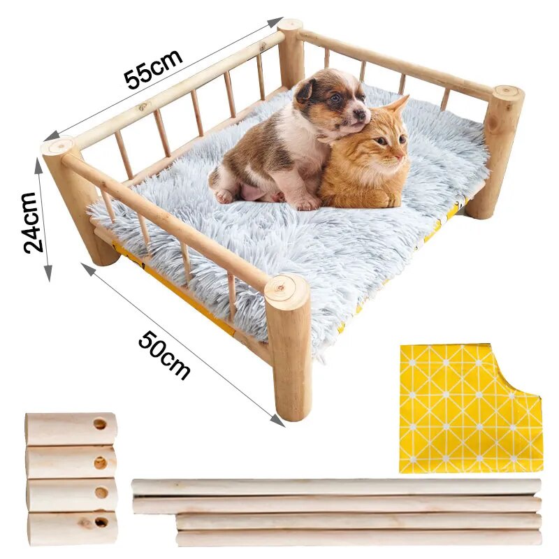 98C Elevated Cat Bed House Cat Hammocks Bed Wood Canvas Cat Lounge Bed