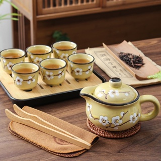 ◇۩เซรามิคชุดชากังฟูสไตล์ญี่ปุ่นและลม underglaze สีฟองกาน้ำชาถ้วยชาถาดชาชุดครัวเรือนที่ทันสมัยเรียบง่าย