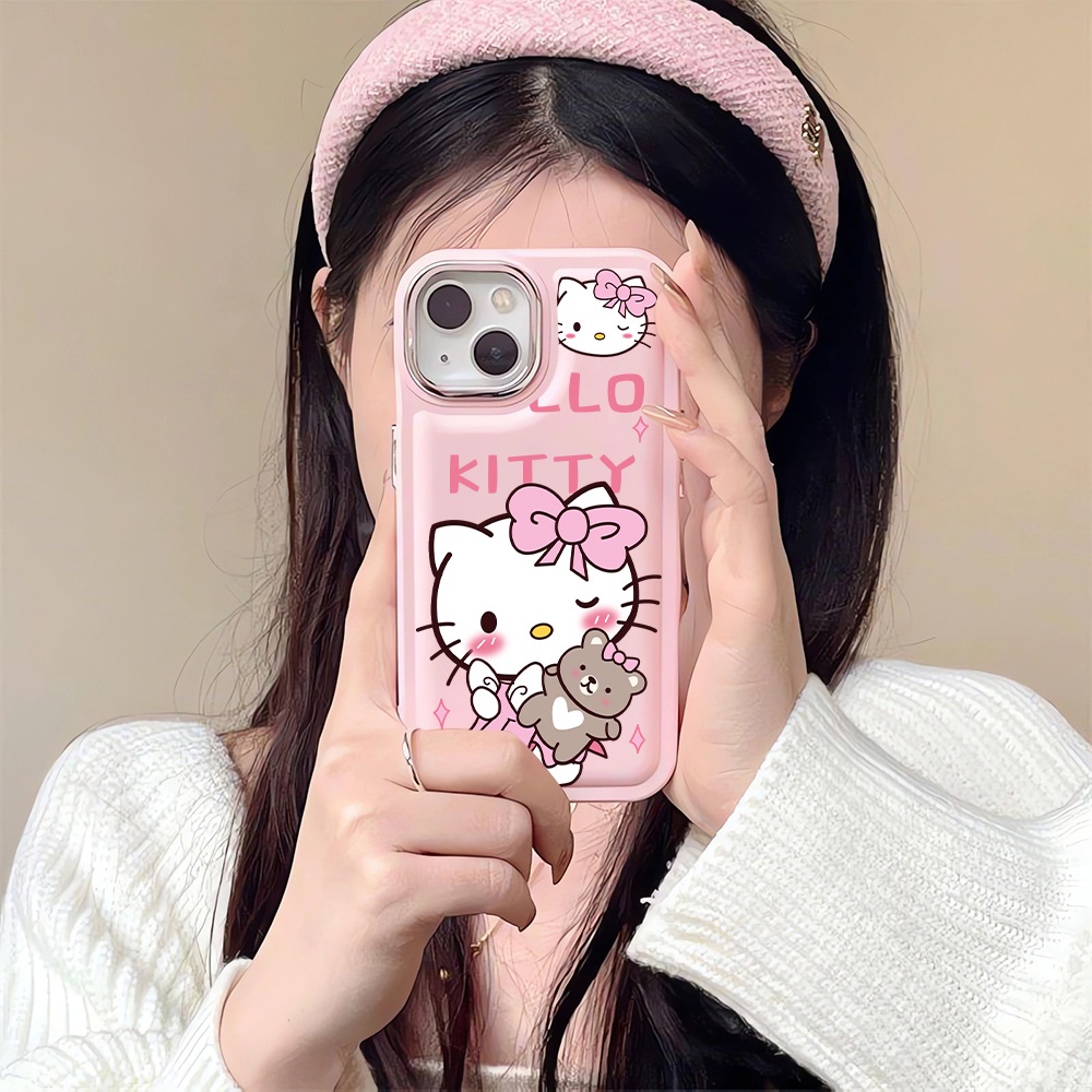 เคสโทรศัพท์มือถือนิ่ม-ลายการ์ตูนเฮลโลคิตตี้-หมี-โลหะ-สําหรับ-iphone-14promax-13-12-11-7plus-x-xr-xsmax
