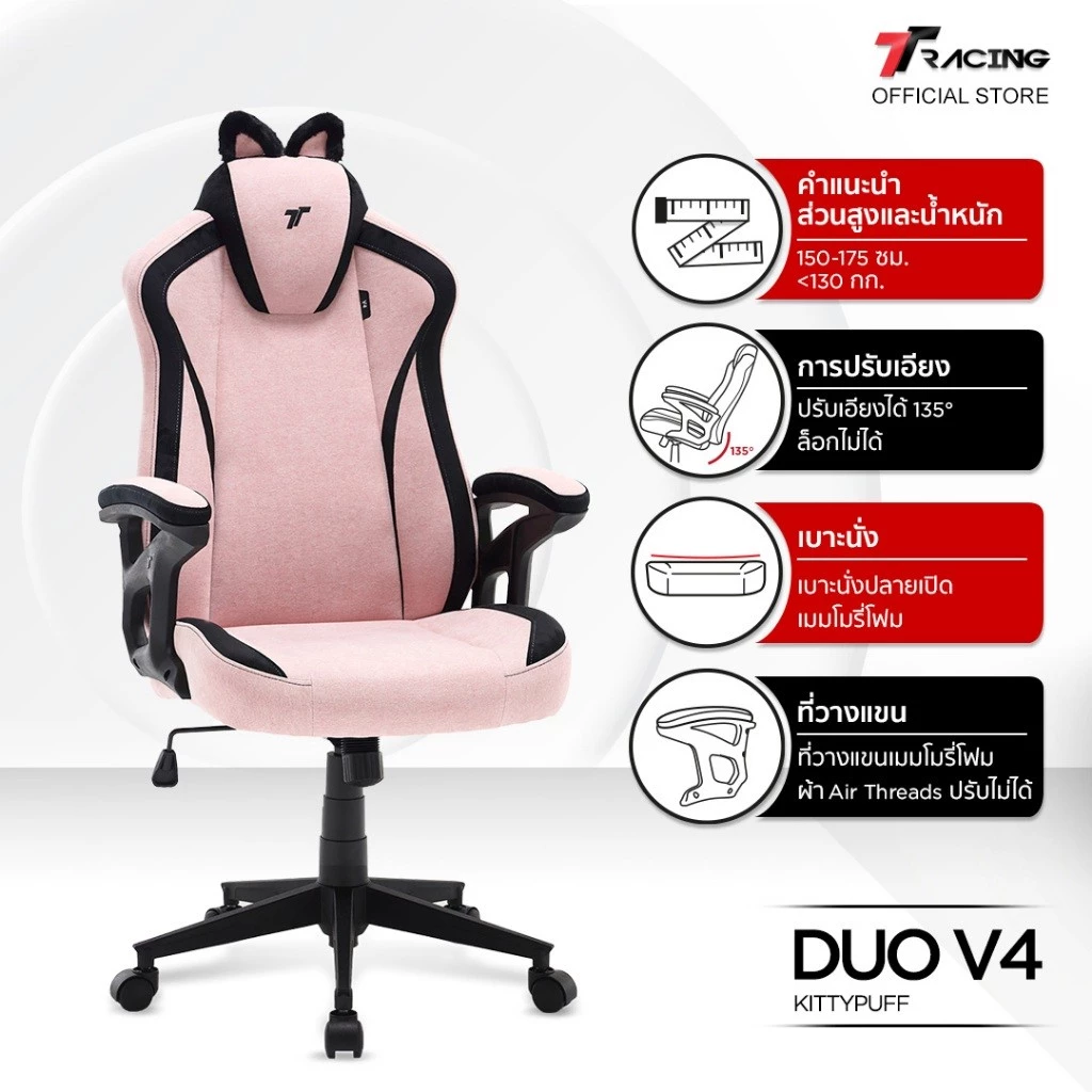 TTRacing Duo V4 KittyPuff BunnyBliss Gaming Chair เก้าอี้สีชมพู เก้าอี้สีขาว เก้าอี้สำนักงาน เก้าอี้เกมมิ่ง เกรดพรีเมี่ยม - รับประกันอย่างเป็นทางการ 2 ปี