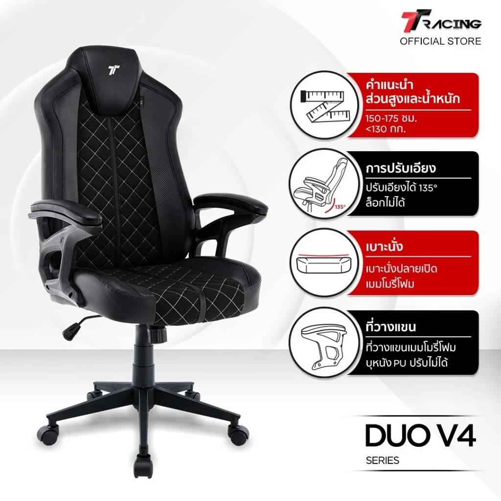 TTRacing Duo V3 V4 Pro Gaming Chair เก้าอี้เกมมิ่ง นั่งสบาย เบาะหนัง PU และผ้า Air Threads นุ่มสบายระบายอากาศดี
