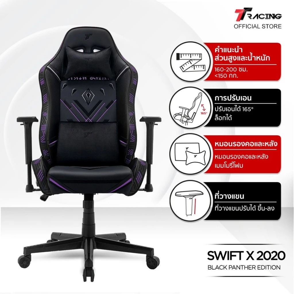 TTRacing Swift X 2020 Gaming Chair Marvel Black Panther เก้าอี้สำนักงาน เก้าอี้เกมมิ่ง เก้าอี้เกมมิ่งเพื่อสุขภาพ E-Sport เก้าอี้เบาะ นุ่ม เกรดพรีเมี่ยม