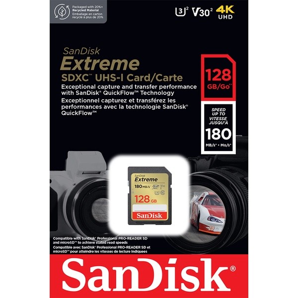 SanDisk Extreme SDXC, SDXVA 128GB, V30, U3, C10, UHS-I, 180MB/s R, 90MB ...