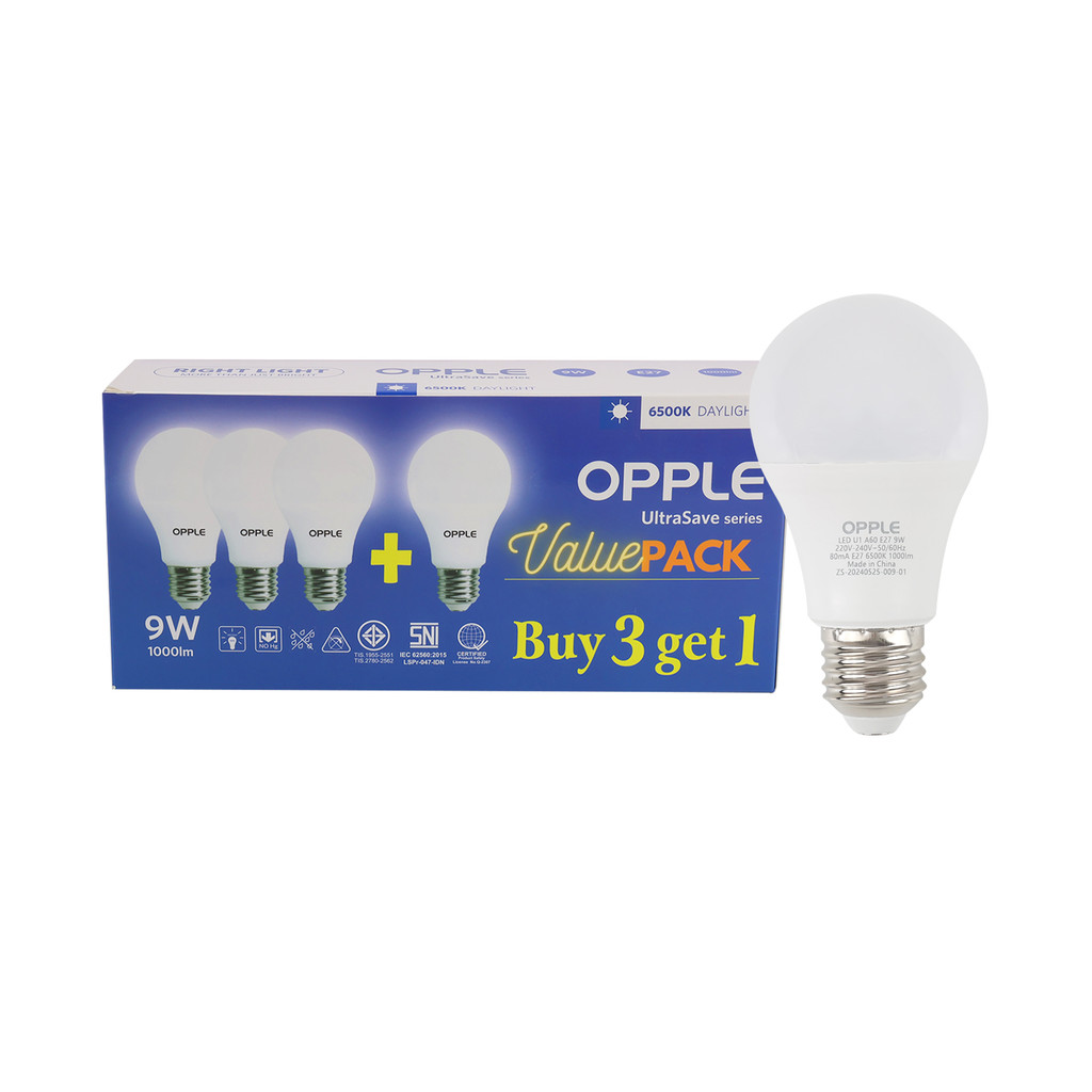 หลอดไฟ LED E27 9W Daylight OPPLE รุ่น LED U1 A60 E27 9W P4 (แพ็ก 4 ชิ้น ...
