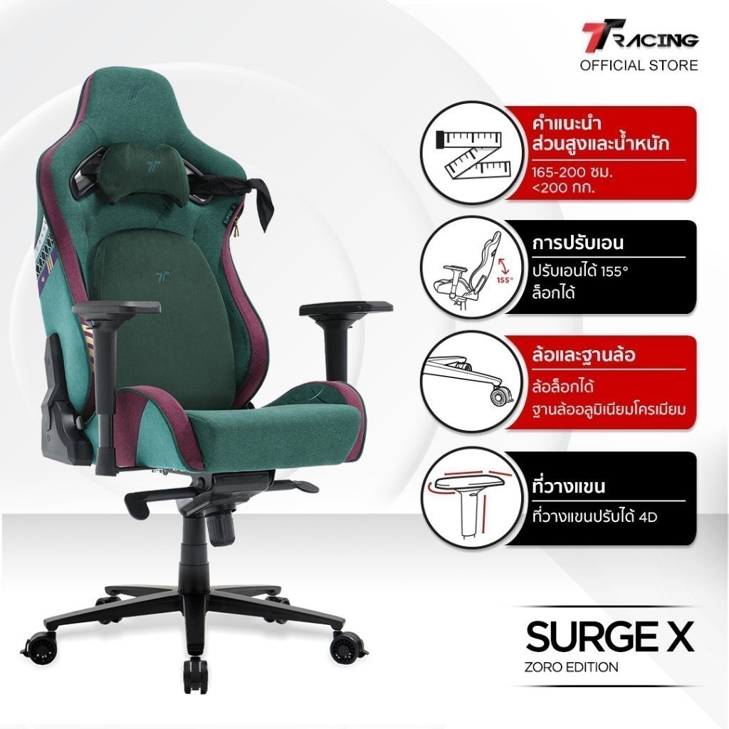 TTRacing รุ่น Surge X Zoro One Piece Edition เก้าอี้เกมมิ่งผ้า Air Threads รองรับสรีระ ปรับเอนได้ 155 องศา ประกัน 2 ปี