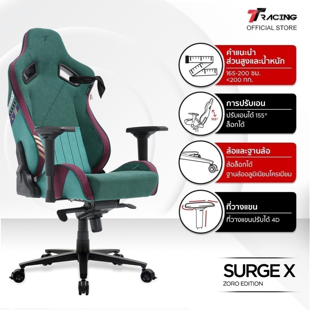 TTRacing รุ่น Surge X Zoro One Piece Edition เก้าอี้เกมมิ่งผ้า Air Threads รองรับสรีระ ปรับเอนได้ 155 องศา ประกัน 2 ปี