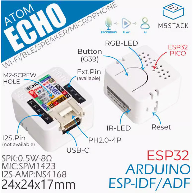M5Stack ATOM Echo ลำโพงอัจฉริยะที่ตั้งโปรแกรมได้ IOT ในตัว ESP32บลูทูธ ...