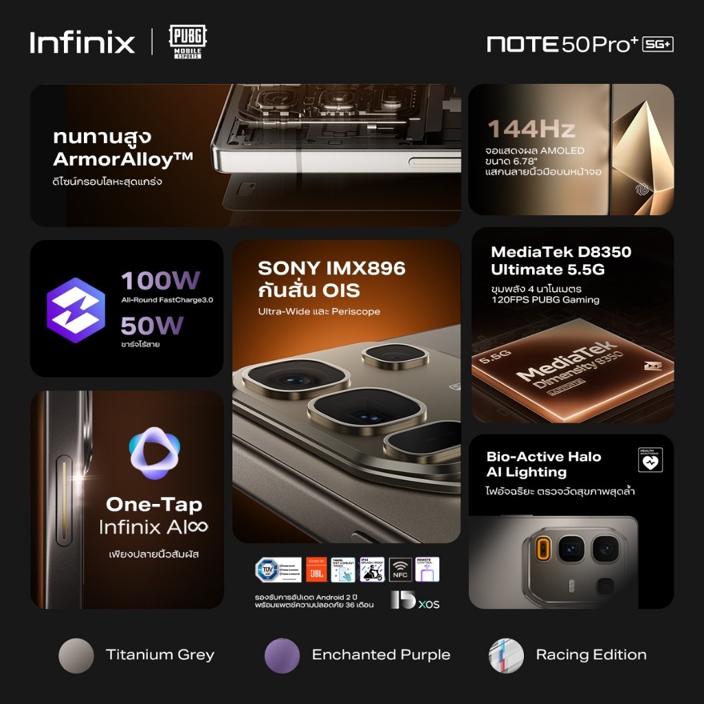 Infinix รุ่น X6856 NOTE 50 Pro+ 5G ชิปเซ็ต Dimensity 8350 ซูม 100X Periscope กันสั่น OIS ชาร์จเร็ว 100W ชาร์จไร้สาย 50W