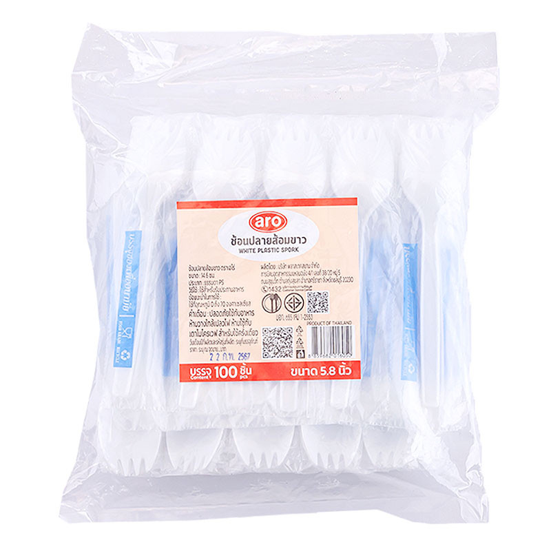 เอโร่ ช้อนปลายส้อมห่อพลาสติก แผง 15 ซม. 100 คัน ARO Wrapped Plastic ...