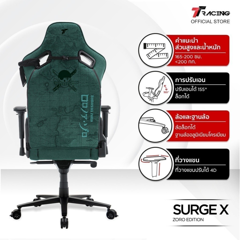 TTRacing รุ่น Surge X Zoro One Piece Edition เก้าอี้เกมมิ่งผ้า Air Threads รองรับสรีระ ปรับเอนได้ 155 องศา ประกัน 2 ปี
