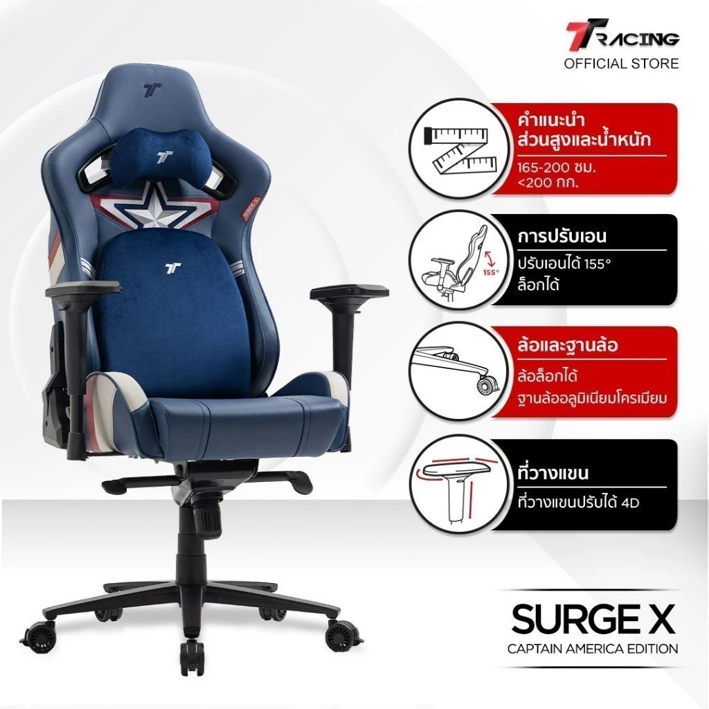 TTRacing Surge X Gaming Chair เก้าอี้เกมมิ่ง ปรับเอนได้ 155 องศา ที่วางแขนปรับ 4 ทิศทาง หมอนรองเอว XL รับน้ำหนัก 160 กก.