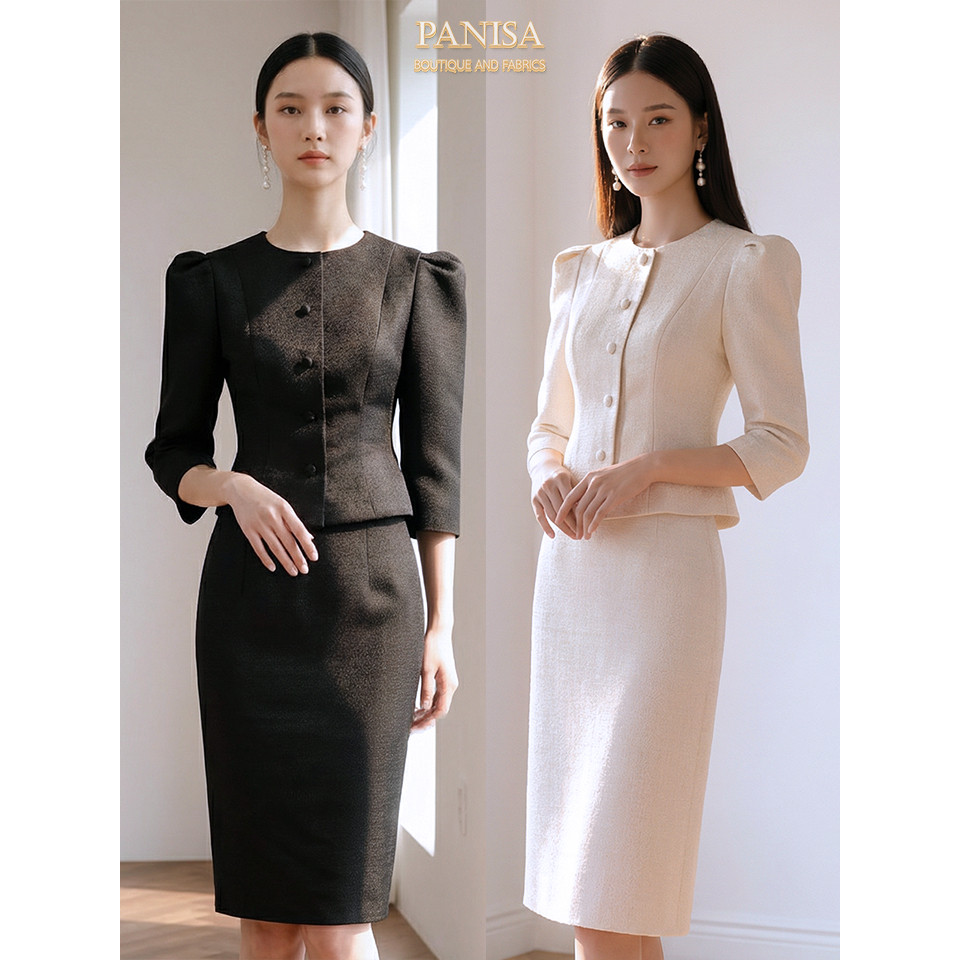 Panisa ชุดผ้าไทยขาว-ดำ ใส่ทำงาน พิธีการ เรียบหรู ทรงสวย เนื้อดี ไซส์ M L