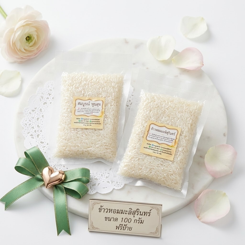 ข้าวตักบาตรข้าวหอมมะลิสุรินทร์ 100 กรัม งานบุญกฐิน ทำบุญ   ของชำร่วย ราคาส่ง