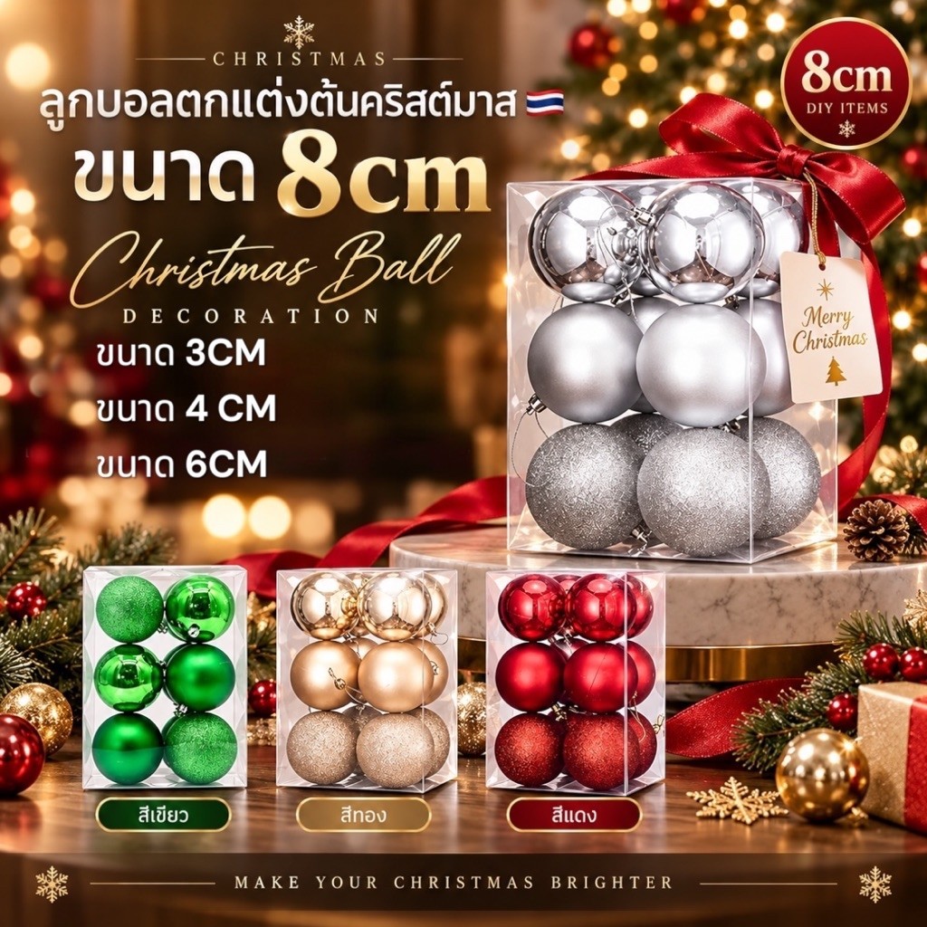 พร้อมส่ง จากไทย🇹🇭 ขนาดใหญ 6 8 cm ลูกบอลแขวนตกแต่งต้นคริสต์มาส ปีใหม่ ตรุษจีน 2025 คริสต์มาส ต้นไม้ Christmas