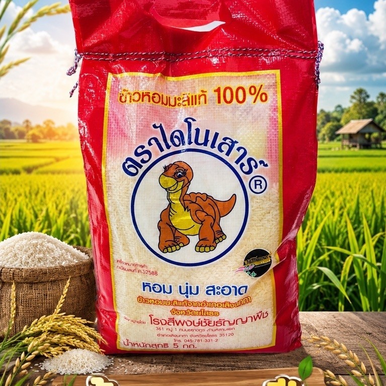 **ข้าวหอมมะลิกลางปีNN**หอมมะลิเเท้ตราไดโนเสาร์ขนาด5กิโลกรัมหุงนุ่มเม็ดขาวอร่อย