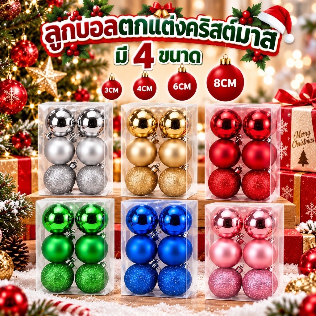 พร้อมส่ง 🇹🇭 ลูกบอลคริสต์มาส สําหรับตกแต่งต้นคริสต์มาส ตรุษจีน ขนาดใหญ่ 8cm 6ชิ้น คริสต์มาสปาร์ตี้ Christmas