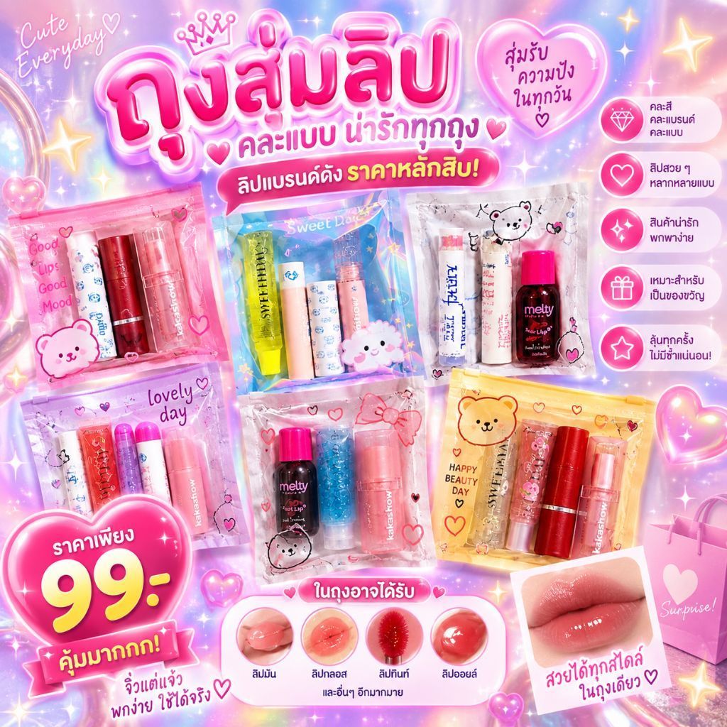 ถุงจุ่มลิป 1ถุง4แท่ง  คละแบบเลือกไม่ได้นะคะ(มีมากกว่าในรุป)(สั่ง2ชิ้นขึ้นไปไม่ซ้ำแน่นอนค่ะ)