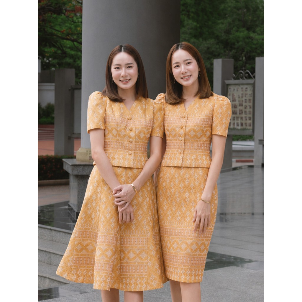 PANISA ชุดทำงานผ้าไทย No.8 สีเหลืองทอง ผ้าทอลายขอพระราชทาน ใส่แล้วดูดีมีระดับ