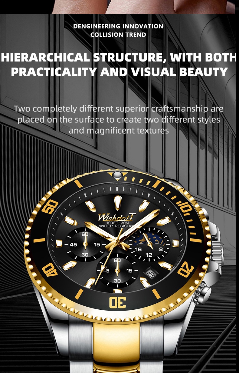 มุมมองเพิ่มเติมของสินค้า WISHDOIT 100% นาฬิกาผู้ชายกันน้ำได้ สายสเตนเลส พร้อมกล่อง ดูเวลา ดูวันที่ เรืองแสง รับประกัน 3 ปี WSD-156