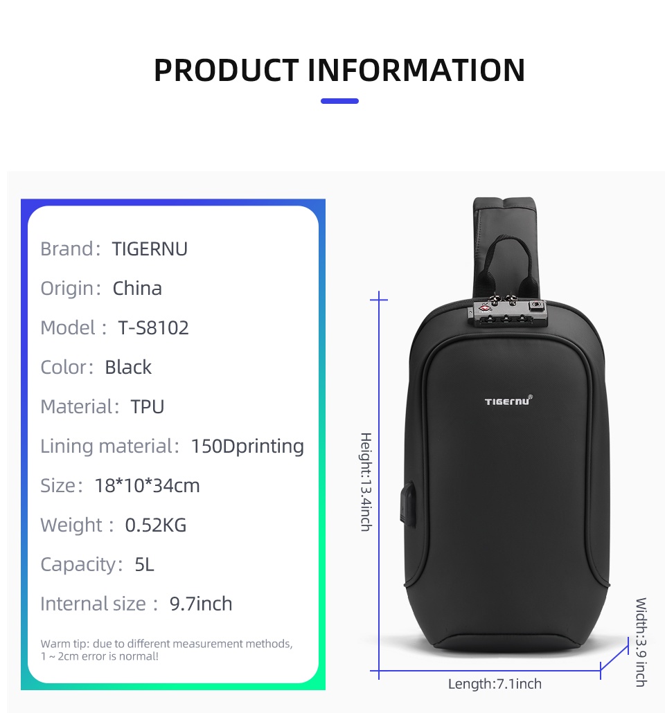 ข้อมูลเพิ่มเติมของ Tigernu กระเป๋าคาดอก กันขโมย กันน้ำ พร้อมพอร์ต USB (9.7 นิ้ว) 8102