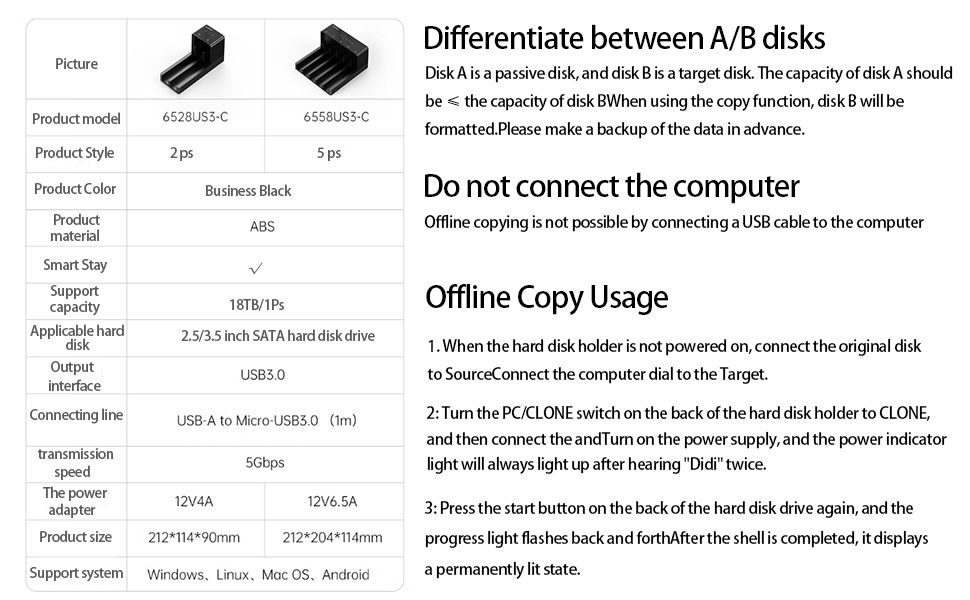 ข้อมูลเพิ่มเติมของ ORICO ตัวโคลนแบบออฟไลน์ SATA HDD 5 Bay ขนาด 2.5 นิ้ว 3.5 นิ้ว USB 3.0 สำหรับฮาร์ดไดรฟ์ สูงสุด 16TB (6558US3)
