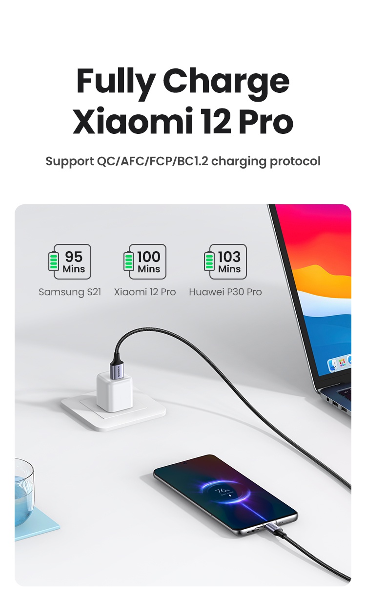 มุมมองเพิ่มเติมเกี่ยวกับ Ugreen 3A Type C USB C สายชาร์จเร็ว สายข้อมูลไนลอนถัก สําหรับ Samsung Galaxy S9 / Xiaomi Realme