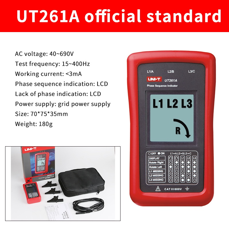 เครื่องทดสอบลําดับเฟส ลำดับเฟสและพวงมาลัยมอเตอร์ UNI-T UT261A phase ...