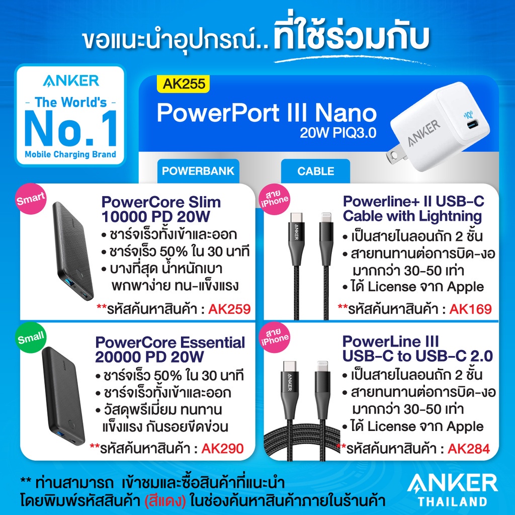รายละเอียดเพิ่มเติมเกี่ยวกับ Anker หัวชาร์จเร็ว iPhone 14/13/12 (20W) PowerPort III Nano PIQ3.0 (PD+QC3.0) ชาร์จไว เล็กจิ๋ว รองรับอุปกรณ์ USB-C