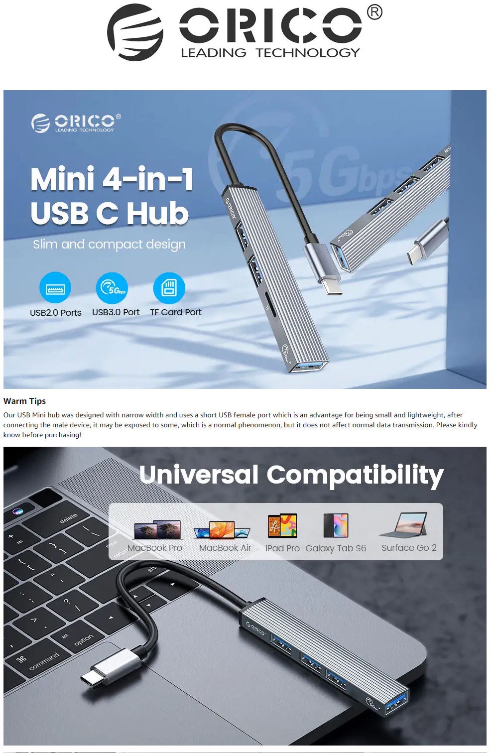 เกี่ยวกับ Orico อะแดปเตอร์ฮับ Type C อะลูมิเนียม 4 พอร์ต USB 3.0 2.0 บางพิเศษ แบบพกพา สําหรับคอมพิวเตอร์