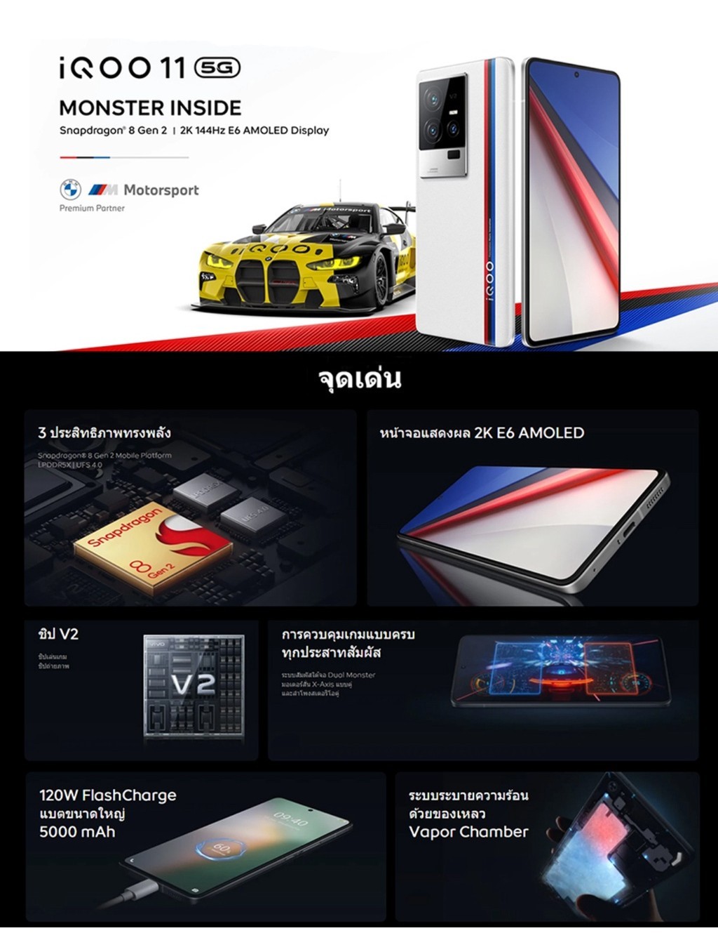 iQOO 11 5G (16GB+256GB) | Snapdragon 8Gen2 | หน้าจอ E6 AMOLED 2K - 144Hz | 120W Flashcharge - 5000mAh