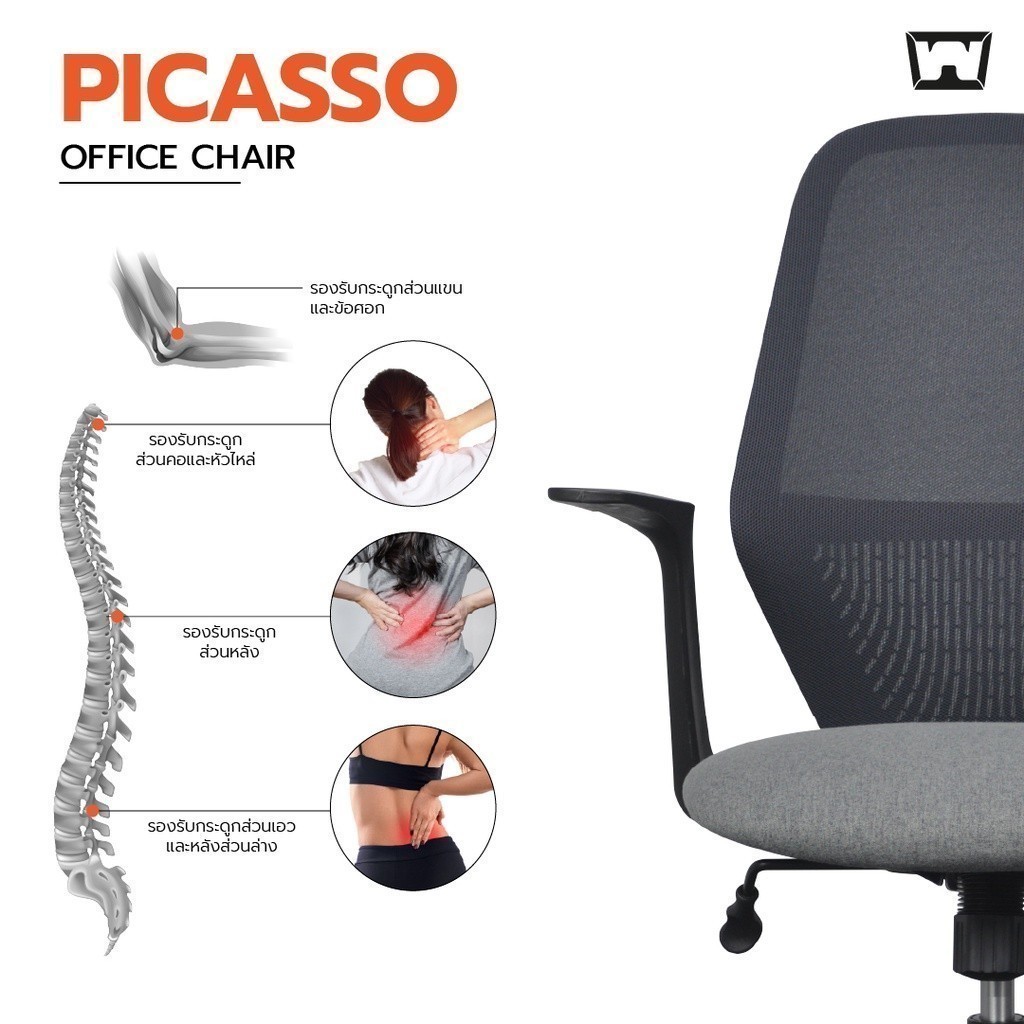 Work Station - Office chair เก้าอี้ทำงาน รุ่น Picasso เก้าอี้สีเทา สีแดง สีฟ้า เก้าอี้พนักพิงต่ำ ระบายอากาศดีเยี่ยม รองรับน้ำหนัก 136 kg. ราคาดี เกรดคุณภาพ