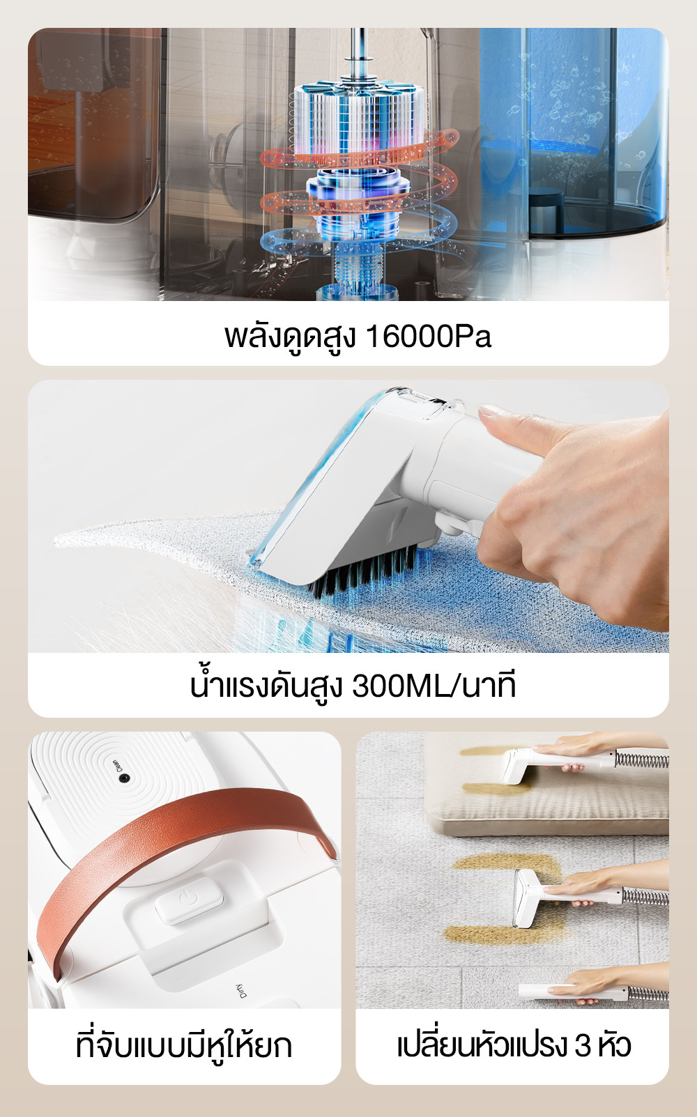 Simplus BYJH002 เครื่องทำความสะอาดเบาะ พรม พลังดูดสูง 16kpa การแยกสิ่งสกปรกและน้ำสะอาด หลอดฉีดน้ำแรงดันสูง  มีหูให้ยก