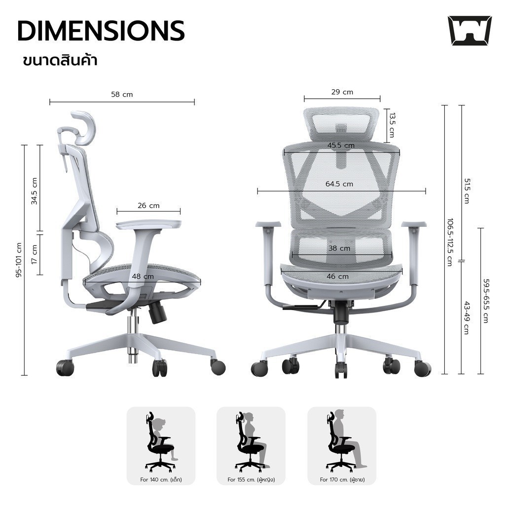 Work Station - Ergonomic chair เก้าอี้ทำงานเพื่อสุขภาพ รุ่น Model N เก้าอี้สีเทา นุ่มสบาย ตามหลักสรีระศาสตร์ ราคาดี ลดอาการปวดเมื่อย รองรับน้ำหนัก 110 kg.
