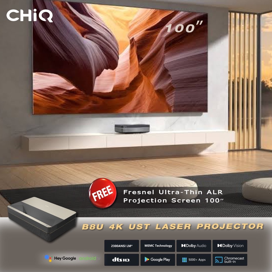 CHiQ B8U 4K Laser Ultra Short Throw Projector จัดชุดพร้อมจอตัดแสง XY