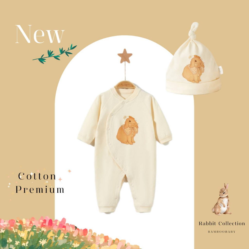 บอดี้สูทเด็กอ่อน-พร้อมหมวกผูก-0-3-เดือน-ผ้าcotton-100-premium-เนื้อนิ่ม