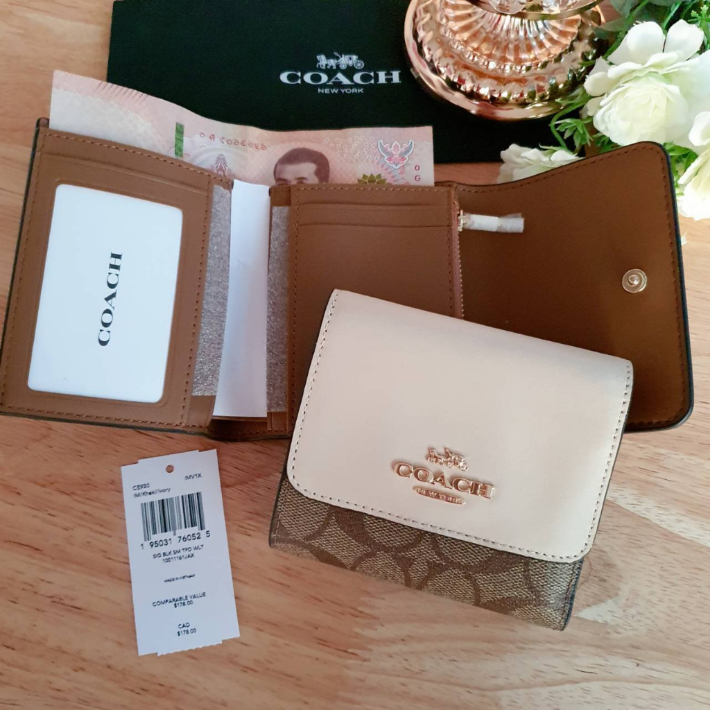 แท้-พร้อมส่ง-กระเป๋าตั้งค์ใบสั้น-3พับ-coach-ce930-cf369-small-trifold-wallet-in-colorblock-signature-canvas