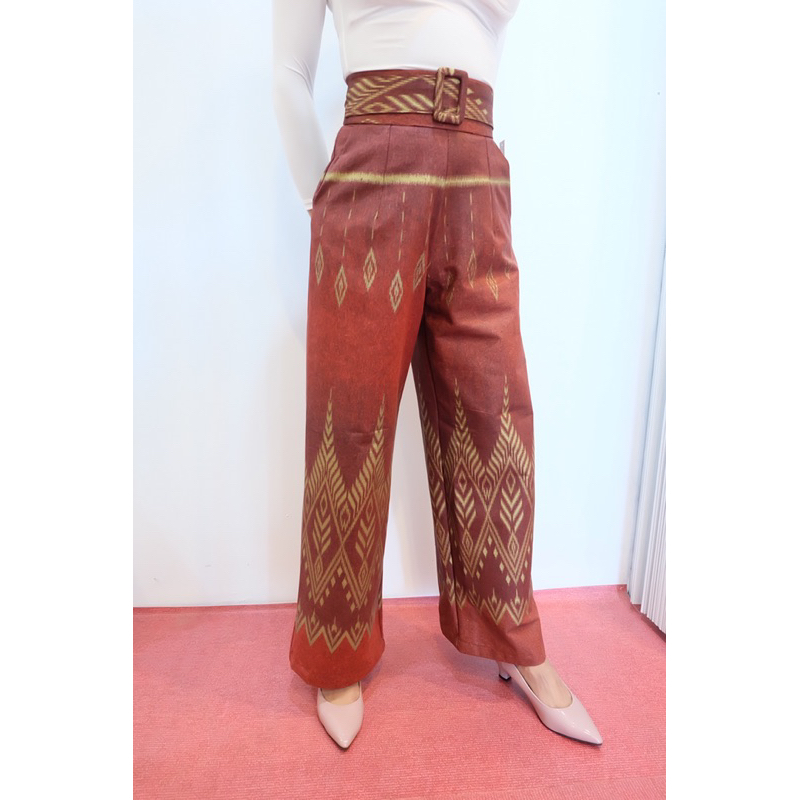 กางเกงผ้าไทย-เอวสุง-พิมพ์แดง-พิมพ์ทอง-กางเกงเอวสุงปี๊ดเก็บพุง-ดูผอมเพียว