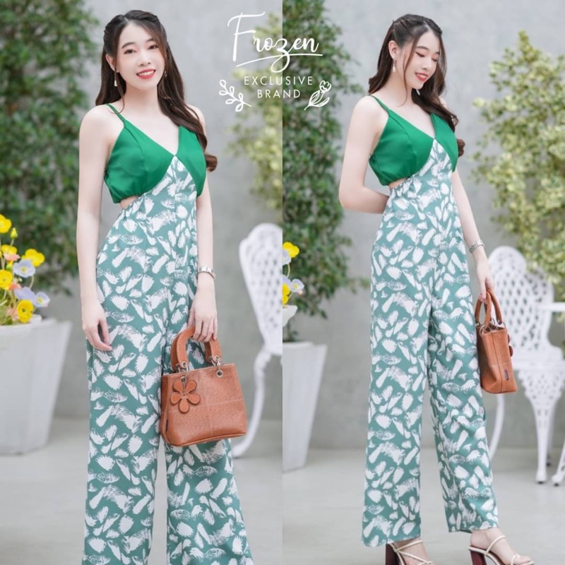 jumpsuit-จั้มสูทสายเดี่ยว-ผ้าแต่งซาร่าพื้นตัดกับผ้าพิมพ์ลาย-งานสวย-ดีเทลเก๋