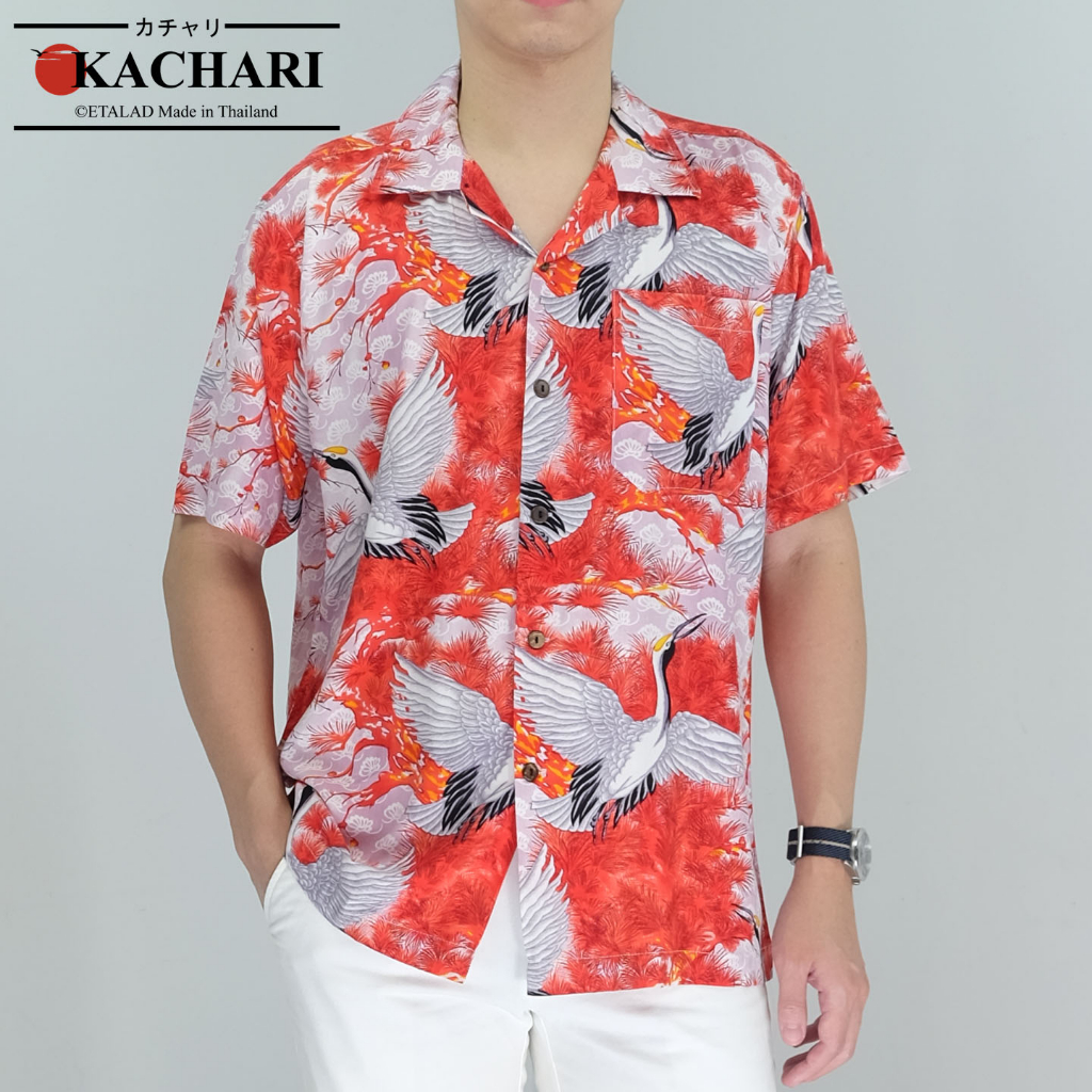 kachari-japanese-flamingo-สีแดง-พร้อมส่งฟรี-เสื้อฮาวาย-เสื้อสงกรานต์-ผ้าเรยอน