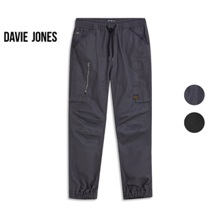 DAVIE JONES กางเกงจ็อกเกอร์ เอวยางยืด ขาจั๊ม สีเทา สีดำ Drawstring Joggers in grey black GP0060GY BK