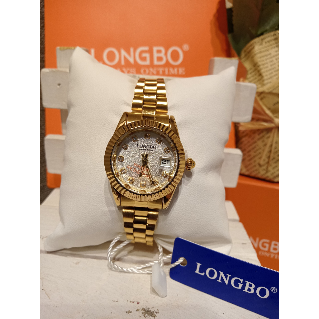 นาฬิกาlongbo-เรือนสีทอง-หน้าปัดเล็กตัวเลขเพชร-ทรงสวย-นาฬิกาlongbo